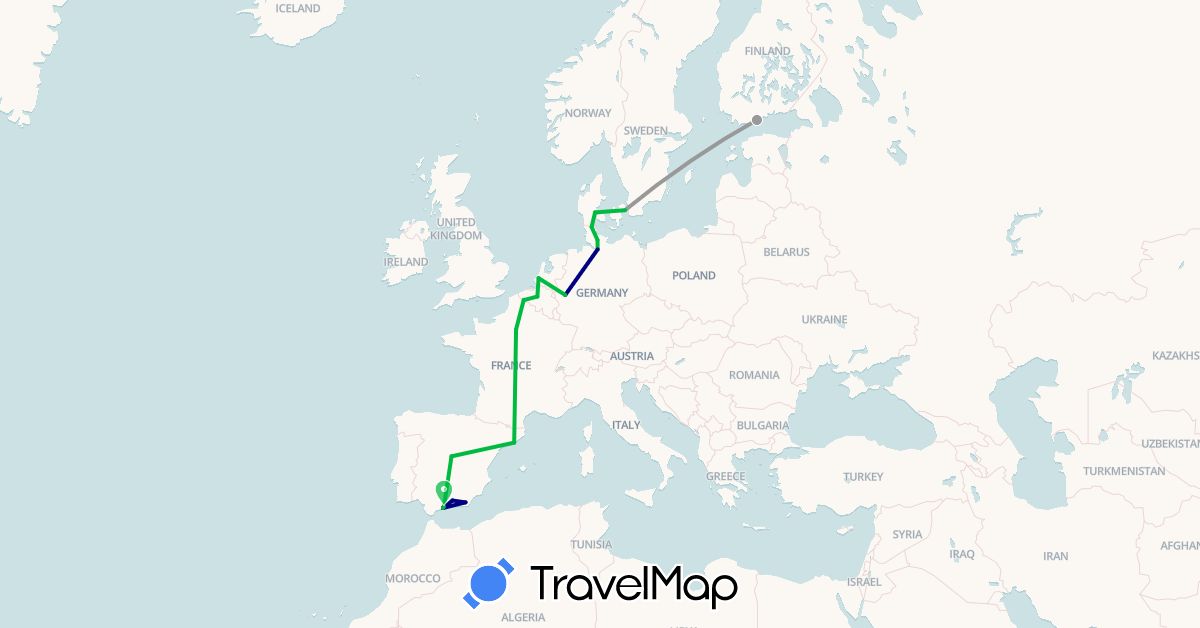 TravelMap itinerary: driving, bus, plane in Belgium, Germany, Denmark, Spain, Finland, France, Netherlands (Europe)
