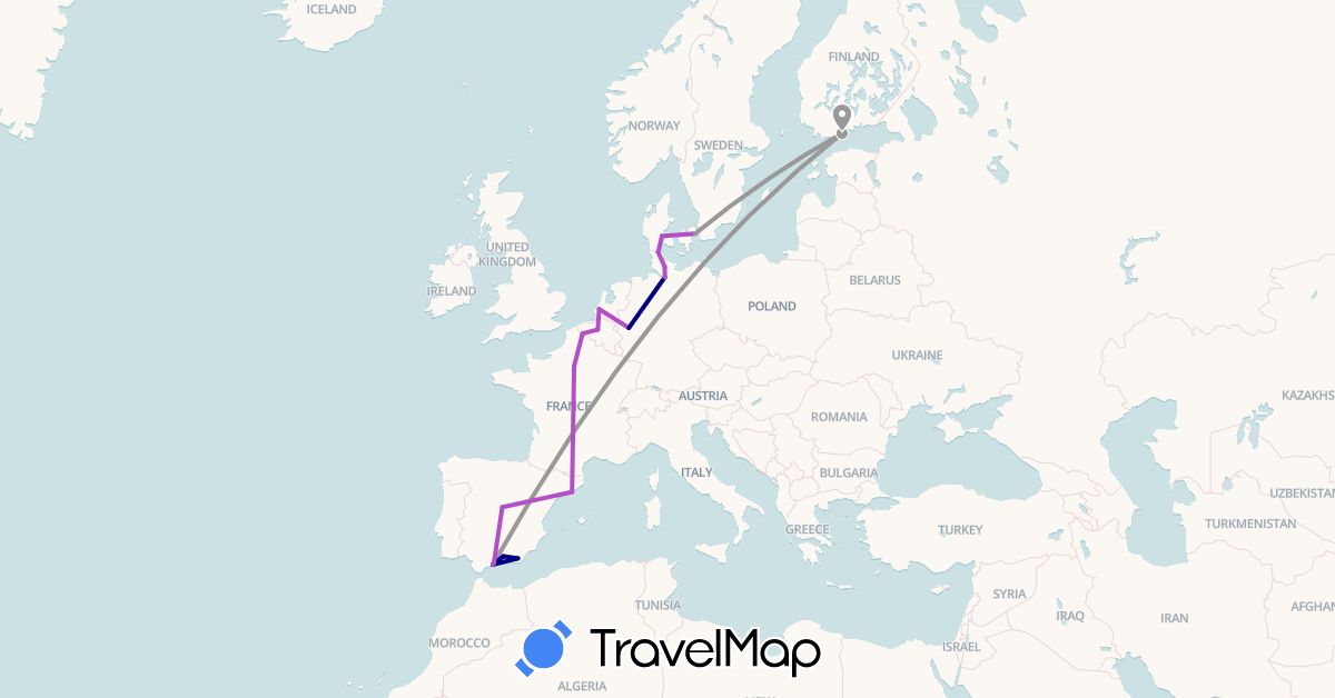 TravelMap itinerary: driving, plane, train in Belgium, Germany, Denmark, Spain, Finland, France, Netherlands (Europe)