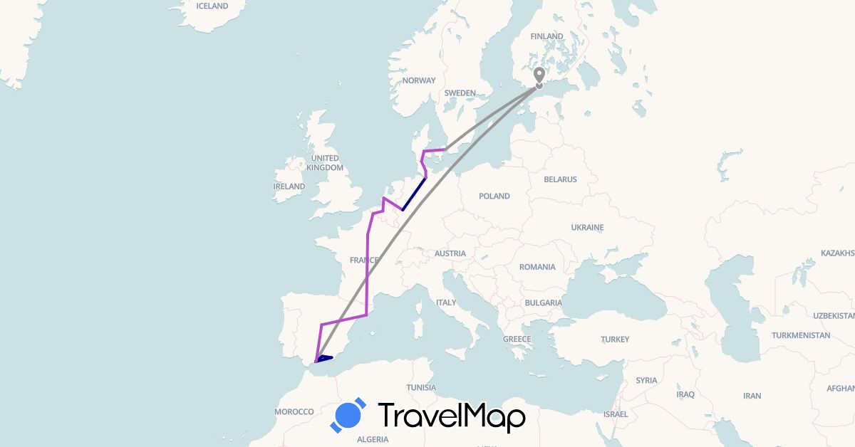 TravelMap itinerary: driving, plane, train in Belgium, Germany, Denmark, Spain, Finland, France, Netherlands (Europe)